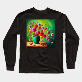 Cute Abstract Flowers in a Green Vase Still Life Painting Long Sleeve T-Shirt